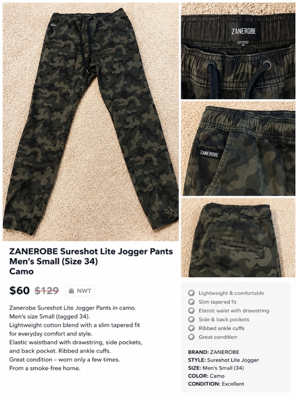 ZANEROBE Sureshot L Camo Jogger Pants Men’s 34